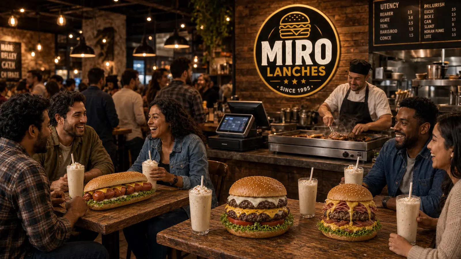 Salão da Miro Lanches cheio de clientes e lanches na mesa